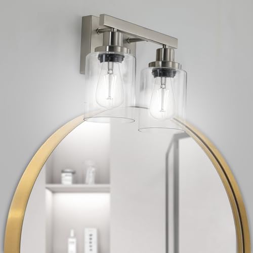 Bathroom Vanity Light, 2-Light Nickel Modern Matte Wall Sconce Lighting with Clear Glass Shade, Wall Lights,Bath Vintage Wall Mounted Lamps for Mirror Bedroom Living Room - color: Nickel, size: 2-light