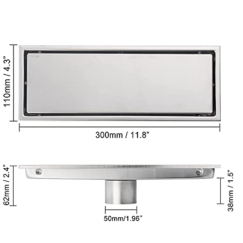 12 Inch Brushed Nickel Linear Shower Drain Pipe with Tile Insert Grille, Removable Hidden Cover, SUS304 Stainless Steel Rectangular Floor Drain - color: Brushed Nickel