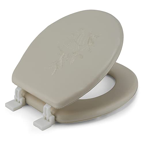 J&V Textiles Embroidered Soft Round Toilet Seat With Easy Clean & Change Hinge, Padded (Beige) - color: Beige