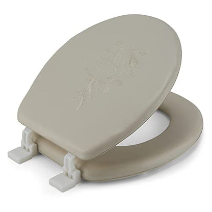 J&V Textiles Embroidered Soft Round Toilet Seat With Easy Clean & Change Hinge, Padded (Beige) - color: Beige