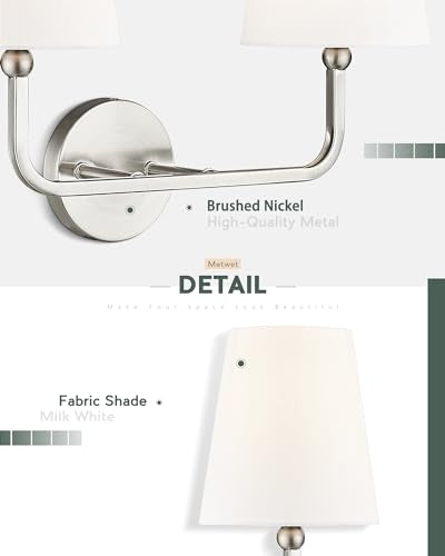 2-Light Brushed Nickel Bathroom Vanity Light, White Fabric Shades | 17" double wall sconce, upward only, E26 base, hardwired, bulbs not included, VL837-BN-2 - color: Brushed Nickel, size: 2-light