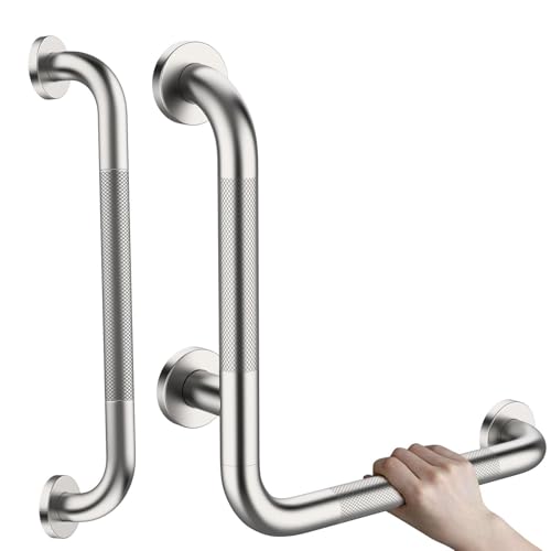 16 Inch L-Shaped Angled Shower Grab Bar w/Knurled Grip, Nickel | w/16" Bathroom Safety Handrail, Stainless Steel Handicap Grab Bar for Wall, Anti Slip Toilet Balance Support Bar for Elderly - color: Brushed Nickel, size: 16x16 Inch - Knurled Grip