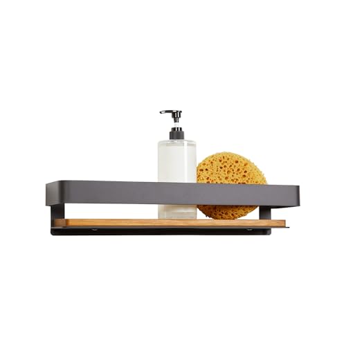 Seachrome Rectangular Shower Shelf with Rail in a Polished Finish and Natural Teak Wood Insert - color: Polished