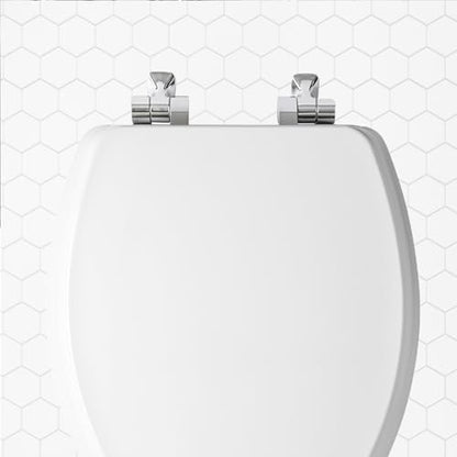 Mayfair Bennett Toilet Seat with Brushed Nickel Hinges, Slow Close Wood Seat, Secure Metal Hinges, Easy Install, Elongated, White - color: Brushed Nickel, size: Elongated