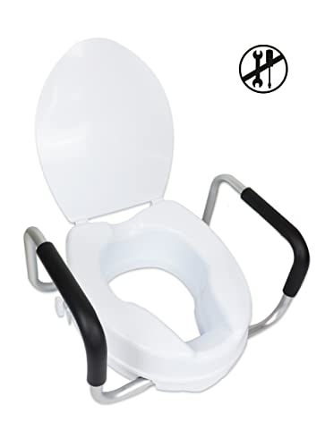 PEPE Mobility Raised Toilet Seat with Handles and Lid for Elderly 4" High, Fits Round and Elongated up to 15" Wide, Commode Seat with Sturdy Brackets, Medical Aid - color: White