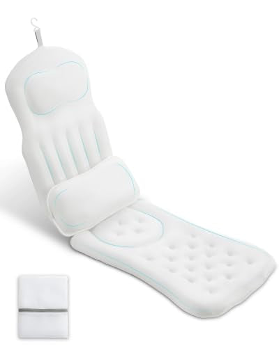 Full Body Bath Pillow for Bathtub, 5D Thick Tub Pillow for Bath with Movable Head, Neck & Lumbar Support, Laundry Bag & Hook, Bathtub Pillow for Post-Yoga Spa, Deep Relaxation(White, 51"*15") - color: White
