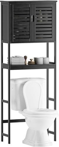 SMIBUY Bathroom Over The Toilet Storage Cabinet, 2 Door Bamboo Cabinet Organizer, Freestanding Space Saver Toilet Rack with Adjustable Inside Shelf and Open Shelf (Black) - color: Black