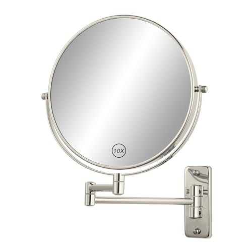 8" Wall Mount Magnifying Mirror, 1X/10X Double-Sided Makeup Mirror Wall Mounted with Extendable Folding Arm, 360° Rotation, Brushed Nickel, Perfect for Shaving & Makeup in Bathroom (No Light) - color: Nickel, size: 12.5"L x 17"W