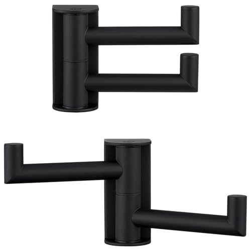 Suyar Double Towel Hook Matte Black, Bathroom Wall Hook, Swivel Robe Holder | SUS304 Stainless Steel Coat Towel Holder with 2 Foldable Arms, Swivel Towel Rack Space Saving Wall Mounted, 2 Pack - color: Matte Black, size: 2 Pack