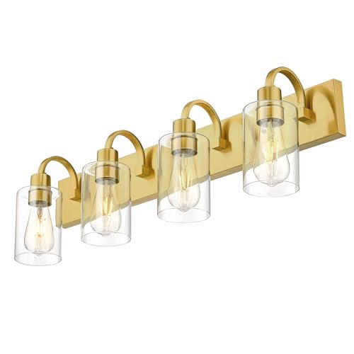 Emliviar 30 Inch Gold Vanity Light, 4-Light Bathroom Light Fixtures with Clear Glass Shade, Brushed Gold Finish, YCE237B-4W BG - color: Brushed Gold - Clear Glass, size: 4-Light