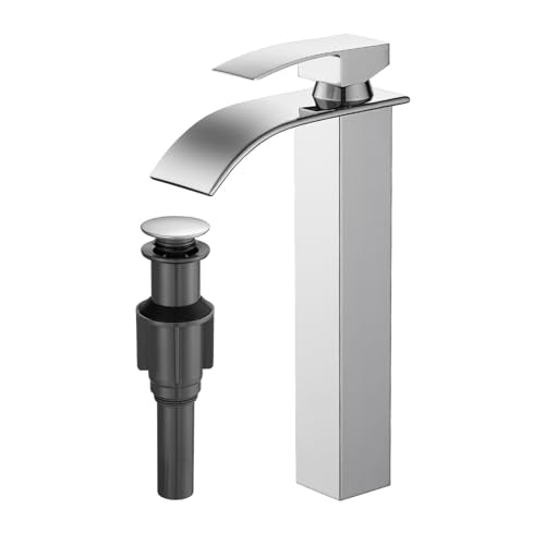 RUMOSE Tall Bathroom Faucet Vessel Sink Faucet with Drain, Polished Chrome | Modern Single Handle One Hole Bathroom Faucet Waterfall Rv Lavatory Vanity Faucet Mixer Tap, Pop Up Drain, Stainless Steel - color: Polished Chrome