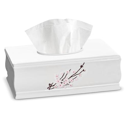 Creative Scents Vanda Rectangle Tissue Box Cover with Bottom Slider | White Tissue Box Holder Rectangular Cherry Blossom Design White Bathroom Accessories Decor - style: Rectangle Tissue Box