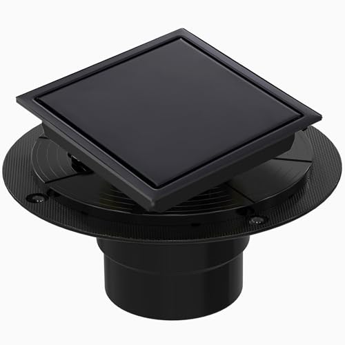 4 Inch Square Shower Floor Drain, Shower Drain Kit with Flange and 2 in 1 Tile-Insert Cover, Square Shower Drain, SUS 304 Stainless Steel Floor Drain,Matte Black - color: Black, size: 4 Inch