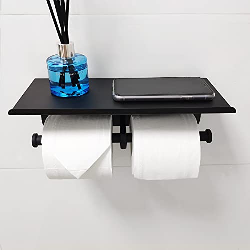 GZILA Double Toilet Paper Holder with Shelf Matte Black Wall Mounted, Dual Large Rolls Tissue Holder Multipurpose TP Dispenser, SUS 304 Stainless Steel - color: Matte Black