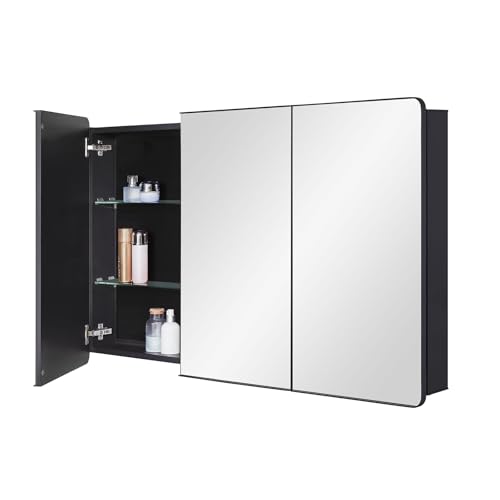 Bathroom Mirror Medicine Cabinet with Round Corner Framed Door 48 x 30 inch, Black，Recessed or Surface Mount, with Adjustable Glass Shelves - size: 48 x 30 inch