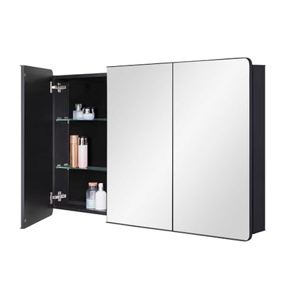 Bathroom Mirror Medicine Cabinet with Round Corner Framed Door 48 x 30 inch, Black，Recessed or Surface Mount, with Adjustable Glass Shelves - size: 48 x 30 inch