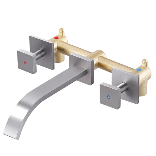 ALEASHA Wall-Mounted Bathroom Sink Faucet, Brushed Nickel Bathroom Faucet | Waterfall Bathroom Faucet with Two Handles, Brass Bathroom Sink Faucet, Wall-Mounted Washroom Faucets and Rough-in Valve - color: Brushed Nickel