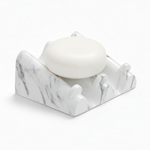 DOXOLOGY White Marble Soap Dish Bathroom Organizer - Resin Soap Dish with Rectangular Design 3.7" L x 2.8" W - Self Draining Soap Dishes Keeps Countertop Neat - Marble Look Soap Tray for Sink