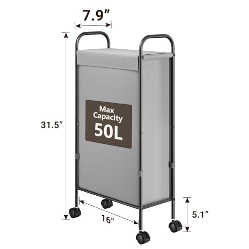 ELYKEN Slim Laundry Hamper with Lid & Wheels, 50L Rolling Laundry Basket | 7.9" Narrow Design, 50L, Removable Liner Bag, Lockable Wheels, Space Saving Clothes Hamper for Bathroom, Bedroom, Closet - style: Grey-50L