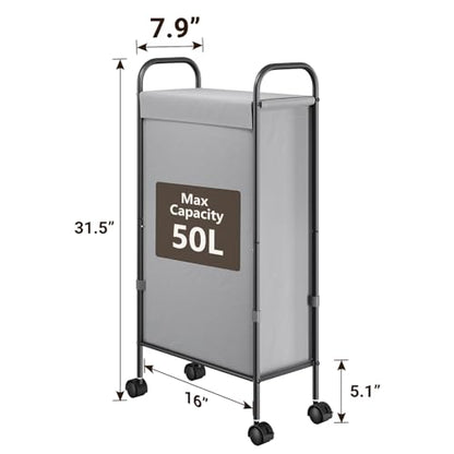ELYKEN Slim Laundry Hamper with Lid & Wheels, 50L Rolling Laundry Basket | 7.9" Narrow Design, 50L, Removable Liner Bag, Lockable Wheels, Space Saving Clothes Hamper for Bathroom, Bedroom, Closet - style: Grey-50L