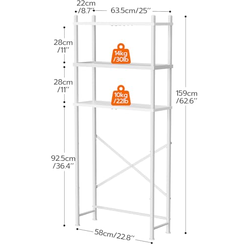 HOOBRO Over the Toilet Storage, 3-Tier Over Toilet Bathroom Organizer, Freestanding Above Toilet Shelf with Adjustable Feet, Space Saving, Easy Assembly, White WW63TS01 - color: White + White