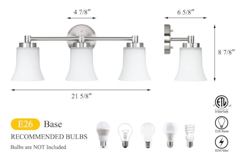 XiNBEi Lighting 3 Light Vanity Light Brushed Nickel Bathroom Light Fixtures | 22" Modern Bathroom Wall Light Over Mirror, Wall Mount Bathroom Vanity Light Fixture, Bath Bar Light, White Glass - color: Brushed Nickel, size: 21.6"