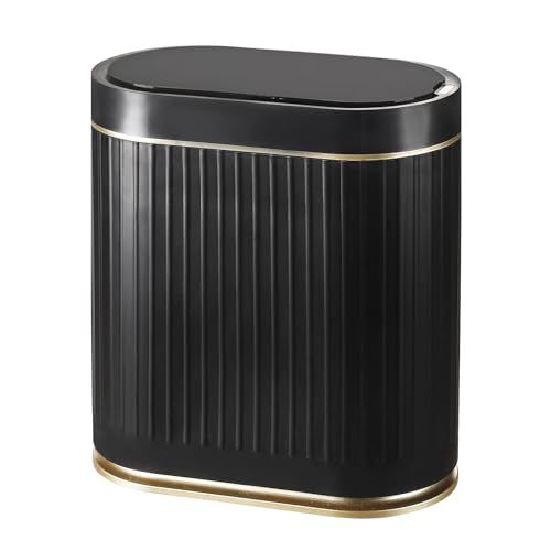 SYNCVIBE Bathroom Sensor Trash Can with Lid, 2 Gallon, Black Gold | Automatic Garbage Can, 7.5 Liter Smart Trash Bin, Slim IPX5 Waterproof Plastic Wastebasket for Bedroom and Office - color: Black gold