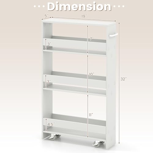 COSTWAY Slim Rolling Storage Cart, 4-Tier Rolling Utility Cart, Wood Kitchen Storage Cart with Handle & Wheels, Narrow Rolling Shelving Unit for Kitchen Bathroom Laundry Small Places (Plain White) - color: Plain White