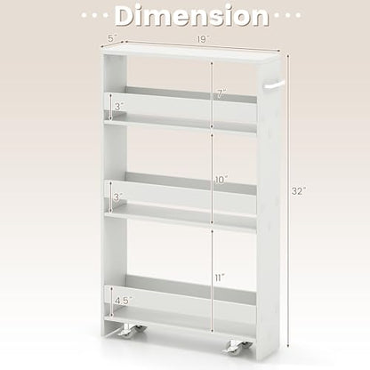 COSTWAY Slim Rolling Storage Cart, 4-Tier Rolling Utility Cart, Wood Kitchen Storage Cart with Handle & Wheels, Narrow Rolling Shelving Unit for Kitchen Bathroom Laundry Small Places (Plain White) - color: Plain White