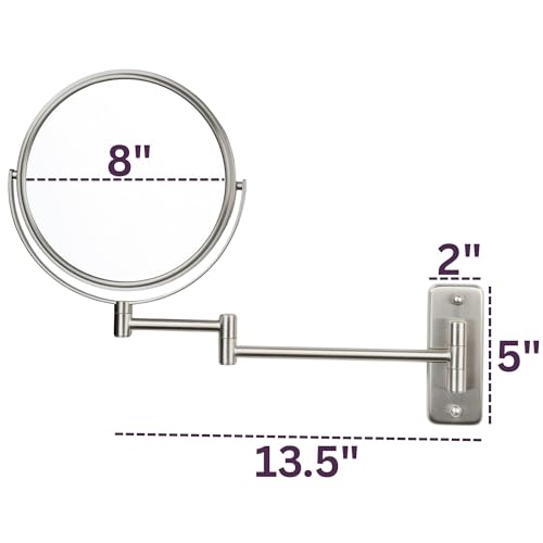 JERDON Wall-Mounted Makeup Mirror - 10X Magnification - Nickel - JP7810N | 8" Round Frame, 13.5" Wall Extension Arm - color: Nickel, size: 10X Magnification