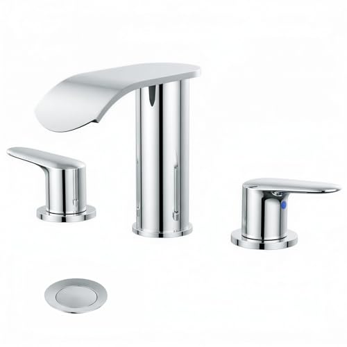WOWOW Bathroom Faucets 3 Hole: Chrome 8 Inch Widespread Bathroom Sink Faucet Waterfall Spout, with Pop Up Drain and Water Supply, Suitable for Vanity Rv Commercial Lavatory Restroom - color: Chrome