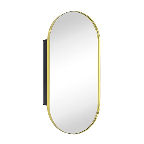 Brushed Gold Oval Recessed Bathroom Medicine Cabinet with Mirror Stainless Steel Metal Framed Oblong Pill Shaped Bathroom Cabinet with Mirror 16x33'' - color: Brushed Gold
