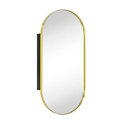 Brushed Gold Oval Recessed Bathroom Medicine Cabinet with Mirror Stainless Steel Metal Framed Oblong Pill Shaped Bathroom Cabinet with Mirror 16x33'' - color: Brushed Gold