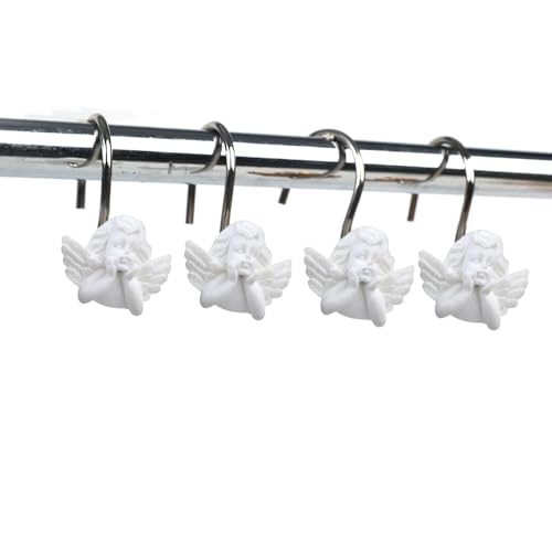 Twofish Home White Angel Shower Curtain Hooks Anti Rust Shower Curtain Hooks Decorative Resin White Angel Shower Curtain Rings Set of 12 - color: White Angel