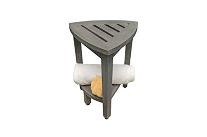 CoastalVogue Snazzy Corner Gray Teak Shower Bench with Storage Shelf | Crafted from 100% solid plantation teak, this corner shower seat resists moisture and outperforms bamboo