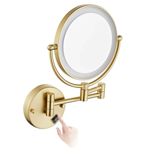 Wall Mounted Makeup Mirror with Lights,Double Sided 1X/10X Magnifying Vanity Mirror with Push Button Switch,360° Swivel Design, Extendable and Folding Arm - for Men and Women - color: Brushed Gold, size: Plugln