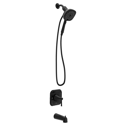Moen Ronan Matte Black Single-Handle Modern Tub and Shower Faucet with Square Handheld Rain Shower Spray Head Featuring Magnetix, Valve Included, 82022BL - color: Matte Black, style: Square Showerhead