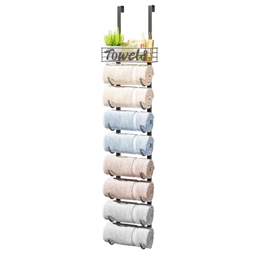 HapiRm Towel Racks for Bathroom Storage - 9 Tier Over The Door & Wall Mount Rolled Towel Storage Organizer Holder with Metal Shelf Basket for Small Bathroom, Camper, Rv - Patented - color: Brushed Nickel, size: 9-Tier