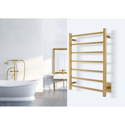 WarmlyYours Tahoe Heated Towel Rack, 7 Bars, Brushed Gold | Hardwired 120V heated towel rack for spa-like bathroom comfort, 427 BTU/hr, energy-efficient towel drying - color: Brushed Gold (7 Bars)