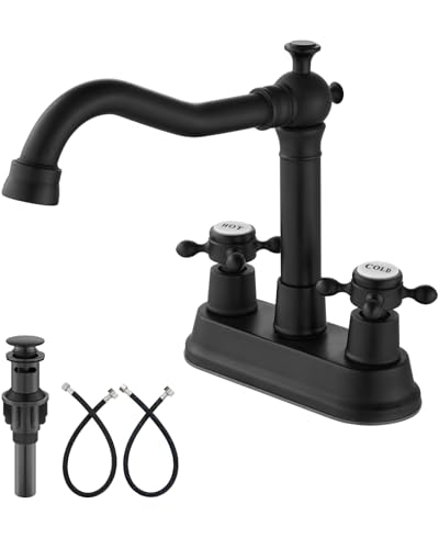 Aolemi 4 Inch Centerset Bathroom Sink Faucet Vintage 2 Cross Handle RV Mixer Tap Basin Vanity Lavatory Utility for Sink 3 Hole Include Hoses Pop Up Drain Faucet Handle with Label Matte Black - color: Matte Black, style: Faucet Handle with Label