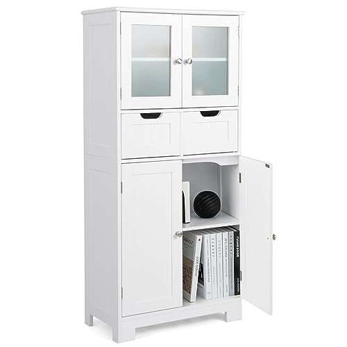 COSTWAY Tall Bathroom Storage Cabinet, Freestanding Storage Organizer with Glass Doors, 2 Drawers & 2 Adjustable Shelves, Wooden Linen Floor Cabinet for Bathroom, Living Room, Kitchen (White) | with Glass Doors, 2 Drawers & 2 Adjustable Shelves, Wooden Li
