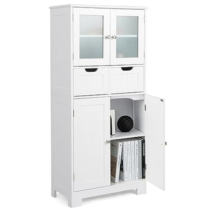 COSTWAY Tall Bathroom Storage Cabinet, Freestanding Storage Organizer with Glass Doors, 2 Drawers & 2 Adjustable Shelves, Wooden Linen Floor Cabinet for Bathroom, Living Room, Kitchen (White) | with Glass Doors, 2 Drawers & 2 Adjustable Shelves, Wooden Li