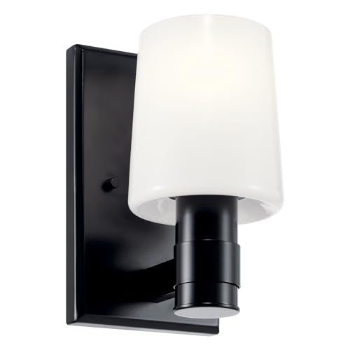 Kichler Adani 8.5" 1-Light Wall Sconce Light, Black | Opal glass creates soft ambient lighting for bathrooms, kitchens, bedrooms and hallways, 55174BK - color: Black, size: 8.5"