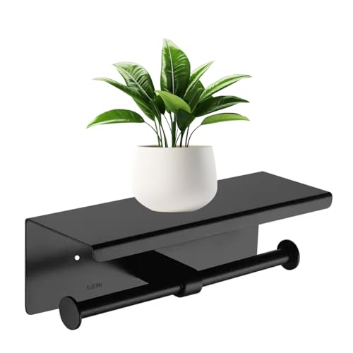 Double Toilet Paper Holder with Phone Shelf KWQKEM Dual Roll Tissue Holder Dispenser Wall Mounted SUS304 Commercial Stainless Steel Roll Holder Storage Cool Bathroom Accessory (Matte Black)