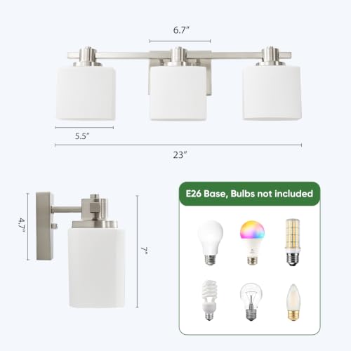 Bathroom Light Fixtures Over Mirror Bathroom Vanity Light Silver Modern Industrial Makeup Lighting Wall Sconce Farmhouse Rustic Milk Glass Lamp Desk Sink (Brushed Nickel, 23 Inch, 3 Light) - color: Brushed Nickel, size: 23 Inches