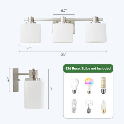 Bathroom Light Fixtures Over Mirror Bathroom Vanity Light Silver Modern Industrial Makeup Lighting Wall Sconce Farmhouse Rustic Milk Glass Lamp Desk Sink (Brushed Nickel, 23 Inch, 3 Light) - color: Brushed Nickel, size: 23 Inches
