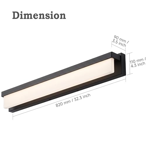 URSOLA LED Bathroom Vanity Light Fixture Over Mirror 32.3 inch Modern Rectangle Black Matte Metal Lighting Bar 4000K Daylight Wall Sconce (Black) - color: Black, size: 32inch
