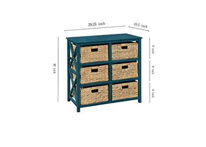 3 Tier X-Side End Storage Cabinet, Teal | 6 Wicker Baskets - color: Teal, size: 15.5"D x 29.3"W x 30"H (6 Drawers)