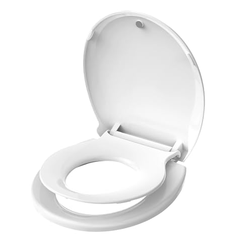 Aünsffer Toddler Toilet Seat with Potty Training Seat Round 16.5inch, 2 in 1 Toilet Seat for Family Built-in Baby Seat Removable, Soft Close + Easy Clean, PP Safe Material, White - color: White, size: Round 16.5inch with Baby Seat