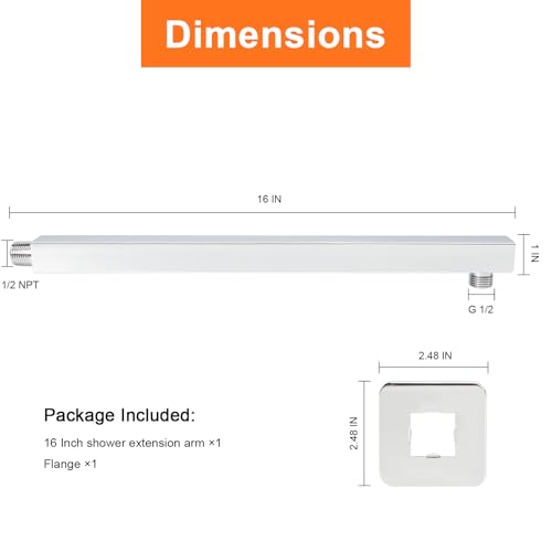 Shower Arm, Rain Shower Head Extension Extender, With Flange and Teflon Tape, Made of Thicken Stainless Steel for Bathroom Rainfall Shower (16 Inch, Chrome) - color: Chrome, style: 16 Inch